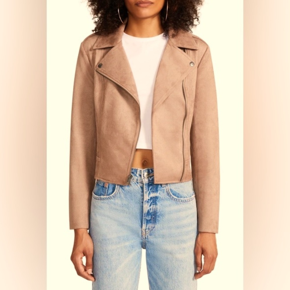 BB Dakota Tan Faux Suede Large Size Moto Jacket with Two Zippered Pockets - Picture 1 of 8